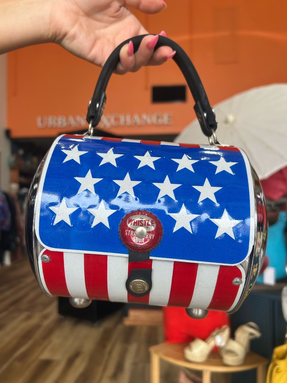 Unique Little Earth American Flag Tin Barrel Handbag